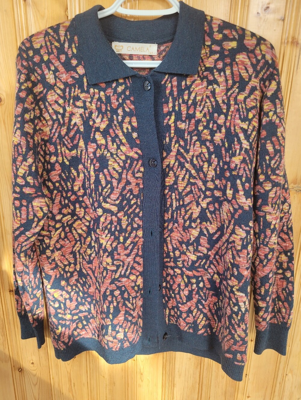 Camela Merino Wool Navy Patterned Button-Up Sweater XL